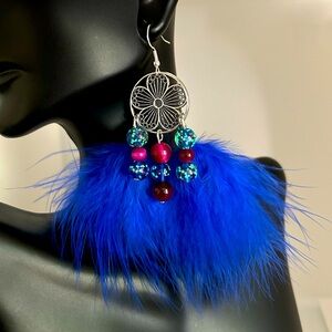 Dream Catchers Earrings - Blue Feathers, Tiger Eye Stones & Glowing Glass Beads